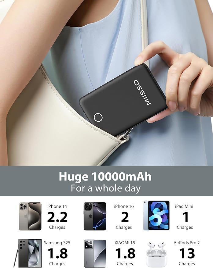 miisso 10000mAh Slim Portable Charger with Built in Cable, Power Bank Travel Charger External Battery Pack for Phone, 3 Output USB Type C Cord Clutch Charger Compatible with iPhone, Black