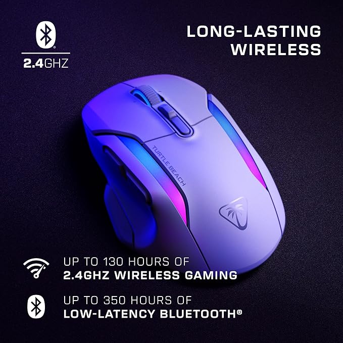 Turtle Beach Kone II Air – Wireless Ergonomic RGB Gaming Mouse, 350-Hr Battery, 26K DPI Optical Sensor, 100M Click Optical Switches, 21 Customizable Inputs, 4D Free-Spin Scroll Wheel – Arctic White