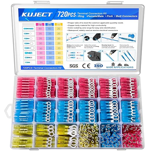 Kuject 720PCS Heat Shrink Wire Connectors Kit, Electrical Waterproof Crimp Butt Terminals, Insulated Spade Connectors for Automotive Marine Boat Truck, Include Rings Forks Spade Butt Splices