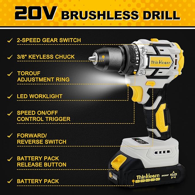 20V Brushless Drill Set, Cordless Power Drill with 2.0Ah Battery,119 PCS Combo Tool Kit for Men, 10mm 3/8" Keyless Chuck, 21+1 Torque Setting Power Tool Set for DIY Garden House Office Repair