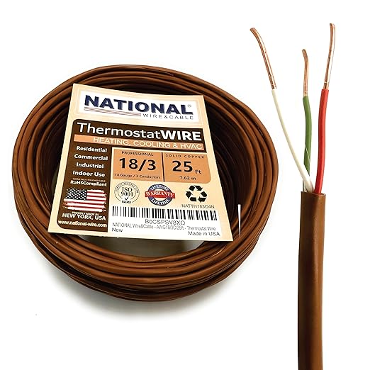 18/3 25Ft. NATIONAL Wire&Cable Thermostat Doorbell HVAC Heating Control Professional Cable Wire - Made in USA - 100% Solid Copper Conductors, CL2 ETL Listed, Low Voltage Applications Use