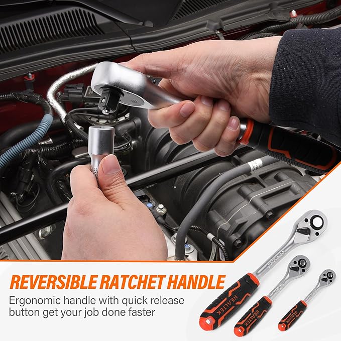 REALTEK 178 Pieces Socket Wrench Set 1/4"3/8"1/2",CR-V Metric Wrench Set with Extension Bar,Quick-Release Ratchet Wrench with Bit Socket Set for Auto Repairing,Household and Workshop,Durable Tool Box