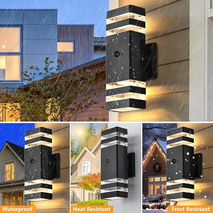 DASTOR Motion Sensor Outdoor Wall Lights 2 Pack, Dusk to Dawn Outdoor Lighting, 2-Layer Exterior Porch Light Fixtures, Up and Down Outside Lights for House Garage