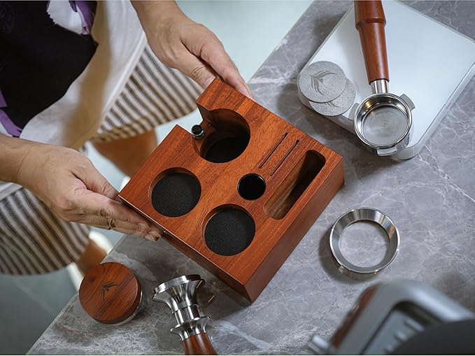 54mm Espresso Tamping Station Rosewood – Premium Organizer for Breville Espresso Machine Accessories Holder for Tamper, Funnel, WDT, Puck Screens, RDT | Barista Station Box