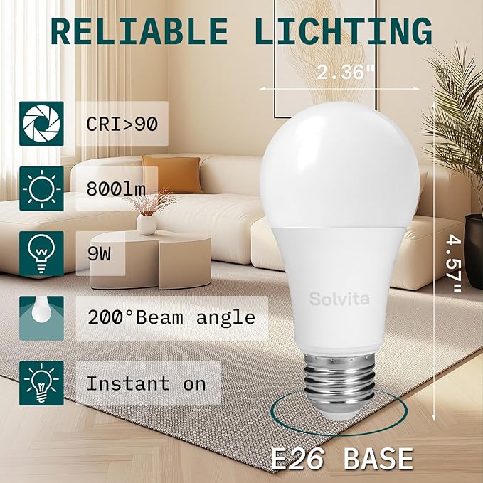 Solvita A19 LED Light Bulbs, 9W Dimmable Lights - Flicker Free EyeComfort, E26 LED Bulb 60 Watt Equivalent, 800 Lumens, 4000K Neutral White, 90 CRI for Home Office Bedroom Kitchen, 6 Pack