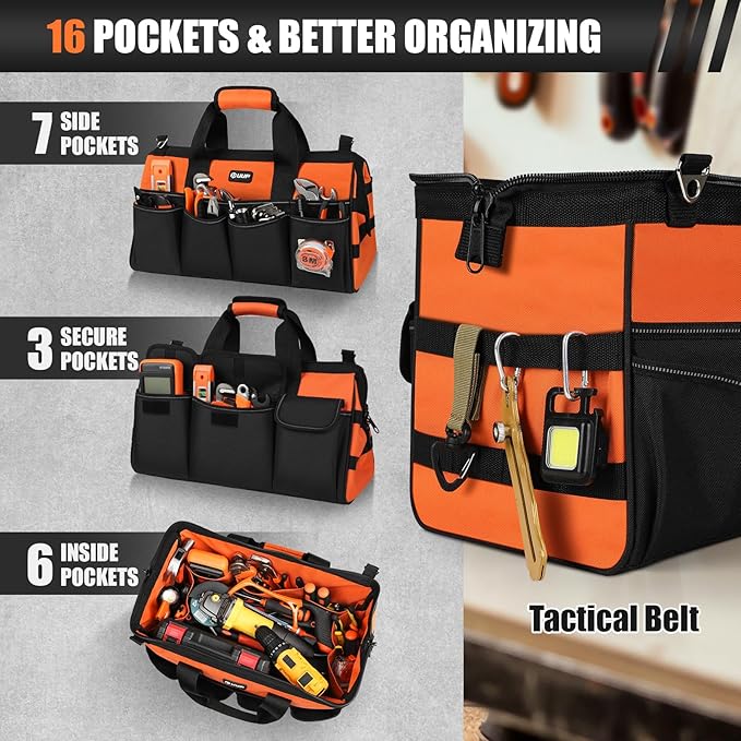 Heavy Duty Tool Bag 18-Inch, 16-Pocket Portable Soft Tool Box Organizer Storage, Handle Tactical Carry Tote Empty Toolbox with Large Zipper, Father Day Dad Men Gift for Mechanic Engineer, Orange