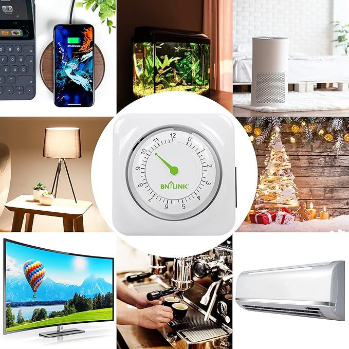 BN-LINK 12 Hour Indoor Mechanical Accurate Countdown Timer, 3-Prong Grounded Outlet, 15 Minute Increments, Energy Saving for Kitchen, Phone Charger, Lamps, Holiday Decoration 1875W, 1/2 HP, ETL Listed