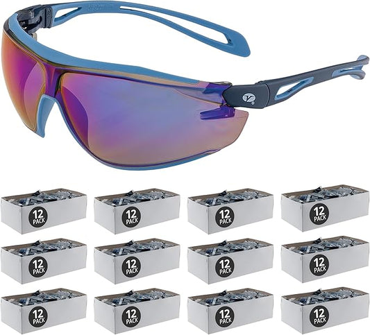 Veratti Encounter Safety Glasses, Anti-Fog Blue Mirror Lens, ANSI Z87.1 Certified Eyewear, Dielectric Blue Frame