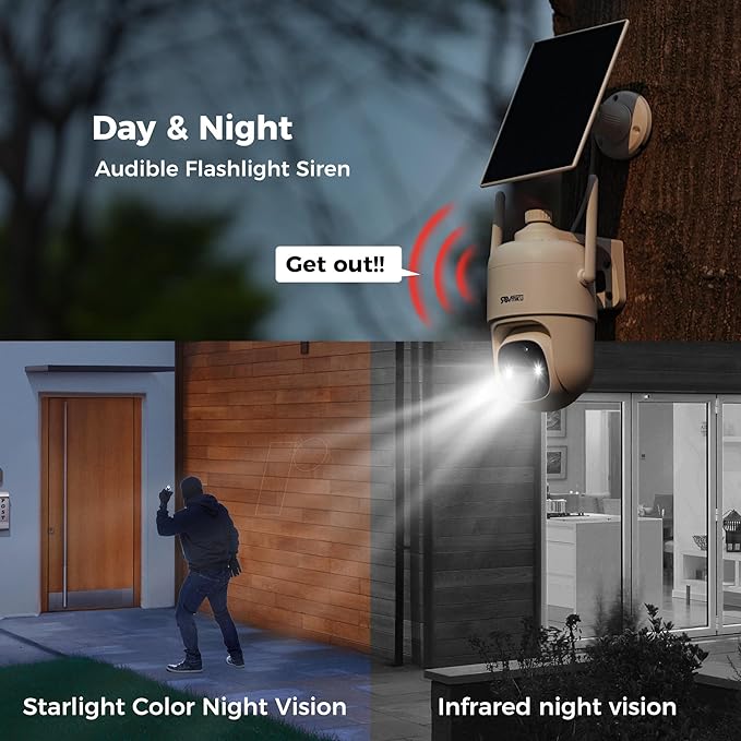 Sovmiku 3CQ1 AI 2K Solar Security Camera Wireless Outdoor,Battery Powered Camera,Two-Way Audio,PIR Motion Detection,Easy to Setup,Pan/Tilt 360° View,Color Night Vision,Audible Flashlight Siren,SD Slot