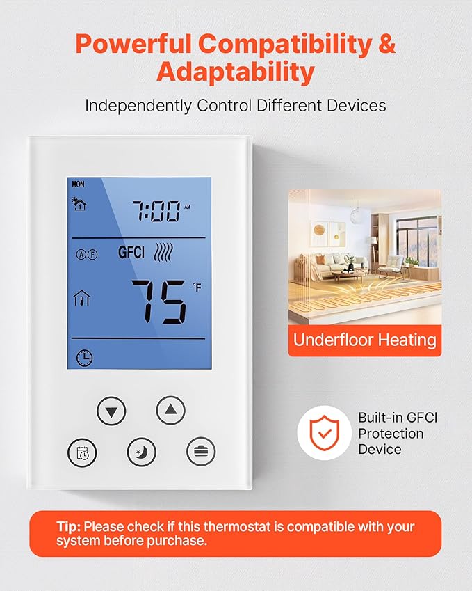 VEVOR 7-Day Programmable Thermostat, Home Thermostats for Radiant Underfloor Heating Cable,Heat Pump, Built-in GFCI & Sensitive Sensor, LED Screen with Backlight,Energy-Efficient,White