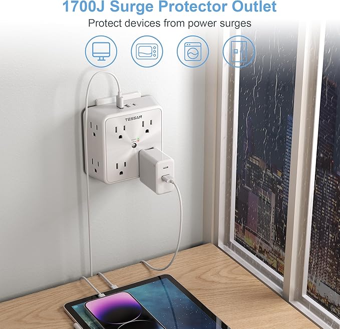 Surge Protector 8 Outlet Extender, TESSAN Multi Outlet Splitter with 3 USB Wall Charger (1 USB C Port), 3-Sided Multiple Plug Power Strip 1700J, Charging Station for Home Office Dorm Room