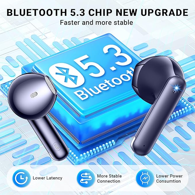 Wireless Earbuds, Bluetooth 5.4 Headphones with 42H Ultralight Ear Buds,Bluetooth Earbuds with 4 ENC Noise Cancelling Mics, HiFi Deep Bass Dual LED Display USB-C, Waterproof Earphones Blue