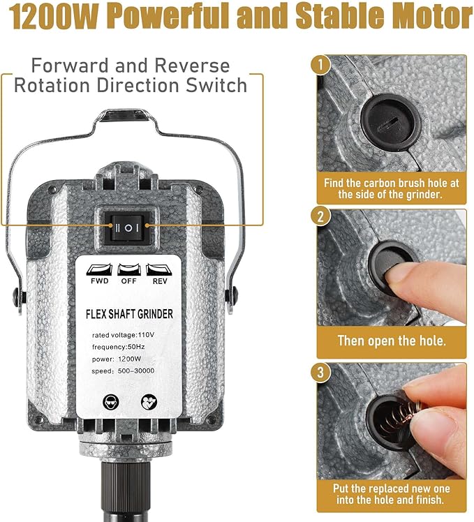 FlySkip Flex Shaft Rotary Tool with Foot Pedal Control,High-Powered 1200W Flex Shaft Grinder,30000RPM Hanging Grinding Machine 6.5mm Rotary Carver for Jewelry Polishing Grinding Sanding Metalworking