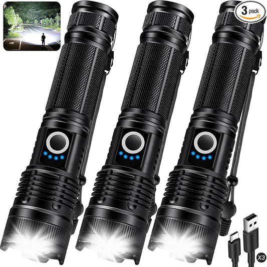 KINGCAESAR 3 Pack Flashlights High Lumens - 90,000 Lumen Super Bright Rechargeable Flashlight with 5 Light Modes, IPX7 Waterproof High Powered LED Flash Light for Home, Camping