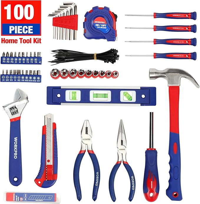 WORKPRO Home Tool Kit, 100 Piece Kitchen Drawer Household Hand Tool Set with Easy Carrying Pouch