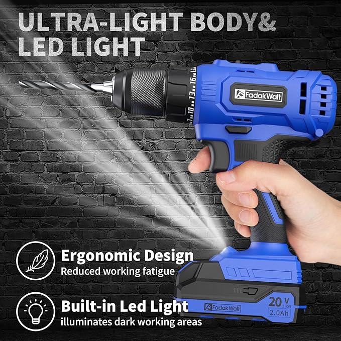 20V Cordless Drill/Driver Set,Electric Power Drill Kit with Battery& Charger, 1/2inch Keyless Chuck,2 Variable Speed,25+1 Torque Setting, 400 inch-lbs with LED Power Drill Kit
