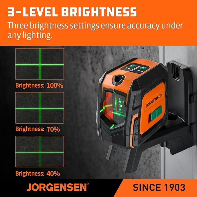 JORGENSEN Laser Level with Tripod & 2 Plumb Dots, 100 FT Self Leveling Point Cross Line Laser Leveler Tool, Wide Angle Green Laser Level for Picture Hanging, Indoor Project, Construction, Carry Bag