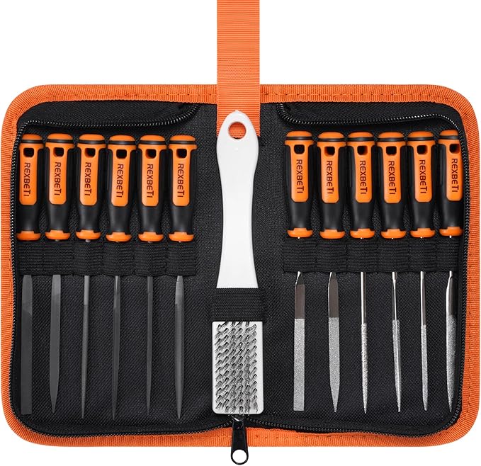 REXBETI 19Pcs Metal Needle File Set, Small Diamond Files, 12Pcs Jewlers Files and Steel Files for Precision Metal and Woodworking with 6Pcs Sandpaper, Metal Brush and Carry Case