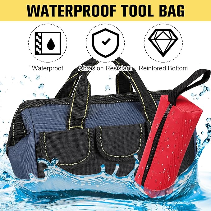 Sanwuta 9 Pcs Tool Bag for Men 3 Heavy Duty Wide Mouth Tool Bags and 6 Small Waterproof Pouch Tote for Electrician Carpenter Mechanic Father's Day Christmas Gifts(13 Inch,Blue Red Yellow)