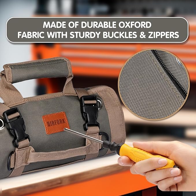 Roll Up Tool Bag, Heavy Duty Tool Organizer Bag, Portable Tools Bag with 6 Tool Pouches for Mechanics, Electricians, DIY Projects, Gifts for Men Dad Husband (Army Green)