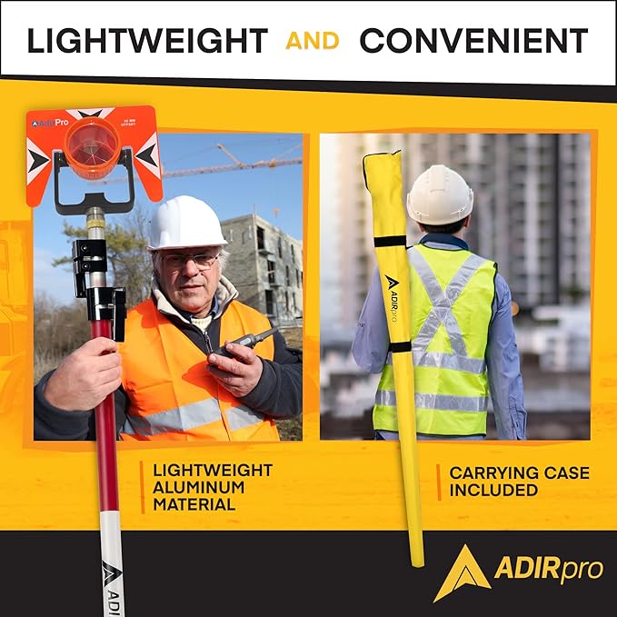 AdirPro Aluminum Prism Pole - Telescopic 12’ (3.7m) - Adjustable Tip – Quick Release Clamp - Metric Graduation - Strong & Lightweight GPS Pole - for Use with Prisms - Rover Rod - GNSS Instruments