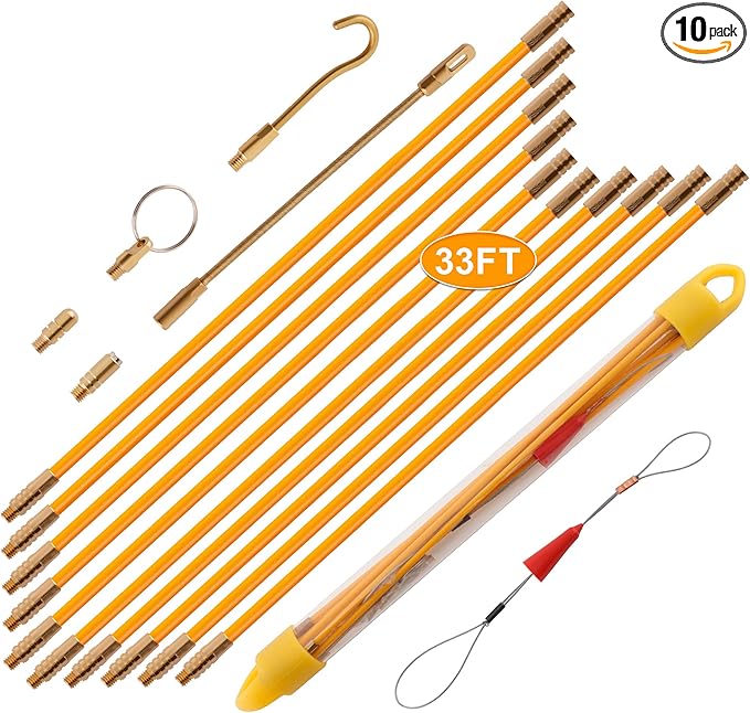 KOOTANS 33FT Fiberglass Running Electrical Wire Cable Glow Rods Wire Pulling Tools Fish Tape Wire Puller Through Wall Cable Snake Fish Rods Kit with Different Attachments