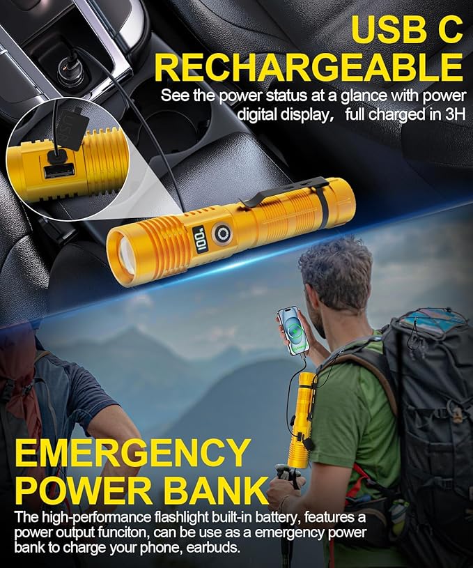 Rechargeable Flashlight High Lumens-Super Bright Magnetic Flash Light with Power Digital Display, Long Range,Dimmable,Waterproof,Pocket LED Flashlights for Emergency Camping 2PC Gold