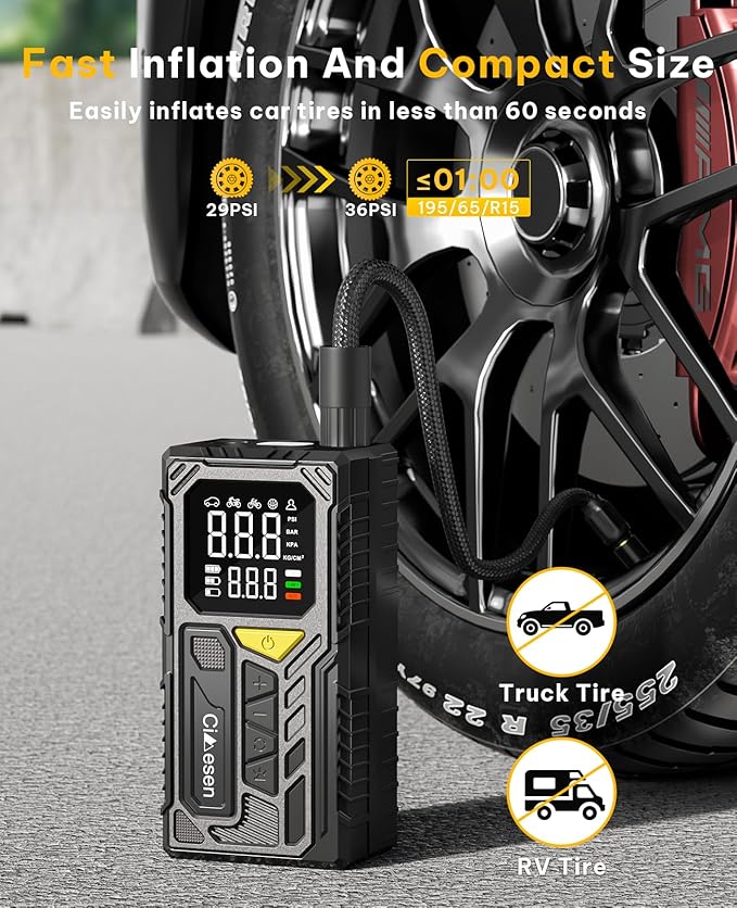 Tire Inflator Portable Air Compressor-150psi Cordless Portable Air Pump for Car Tires Faster Inflation with Tire Pressure Gauge LED Light for Bike Pump Car Bicycle Ball More