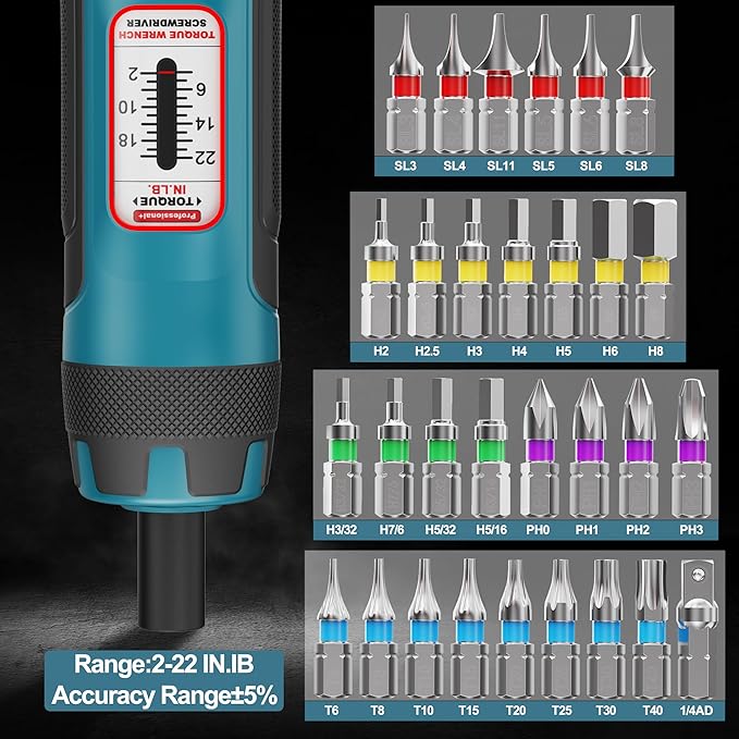 1/4 Inch Torque Screwdriver Wrench Set, 2-22 in.-lb., 31 Piece Torque Wrench Bits Set
