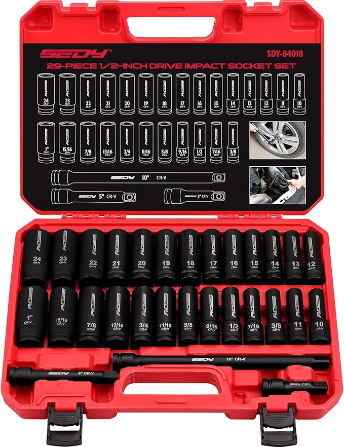 29-Piece 1/2" Drive Impact Socket Set, SAE (3/8 to 1 inch) and Metric (10-24mm) Sizes with Extension Bars Standard Deep Socket Set CR-V Material High Durability Impact Wrench