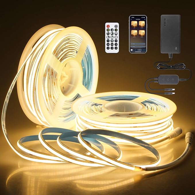 24V COB Led Light Strip 3000K 100FT Bluetooth Dimmable Flexible COB LED Strip Tape Light with Remote for Bedroom Warm White CRI90+ 480LED/M Hight Density Super Bright for Home Lighting 30M/2roll