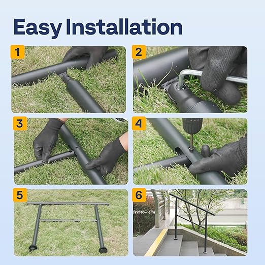 VIVOHOME 2-Pack 6 Step Hand Rails for Outdoor Steps, Galvanized Steel Railing, Black Round Exterior Handrails for Porch, Deck, or Indoor Stairs, Complete Installation Kit