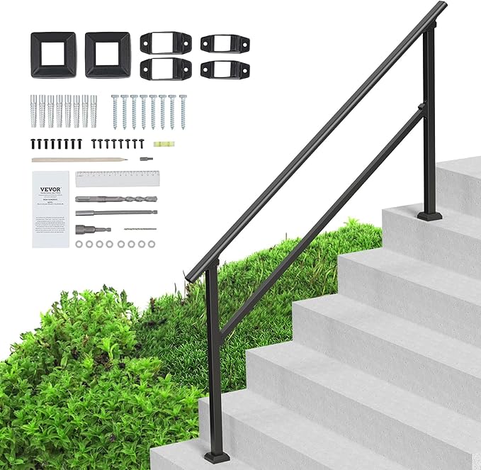 VEVOR Handrails for Outdoor Steps, 5 Step Stair Hand Rail Kit, Transitional Carbon Steel Railings with Installation Kit, Stair Rails for Seniors, Concrete Steps & Porch & Deck, Black Square Tube