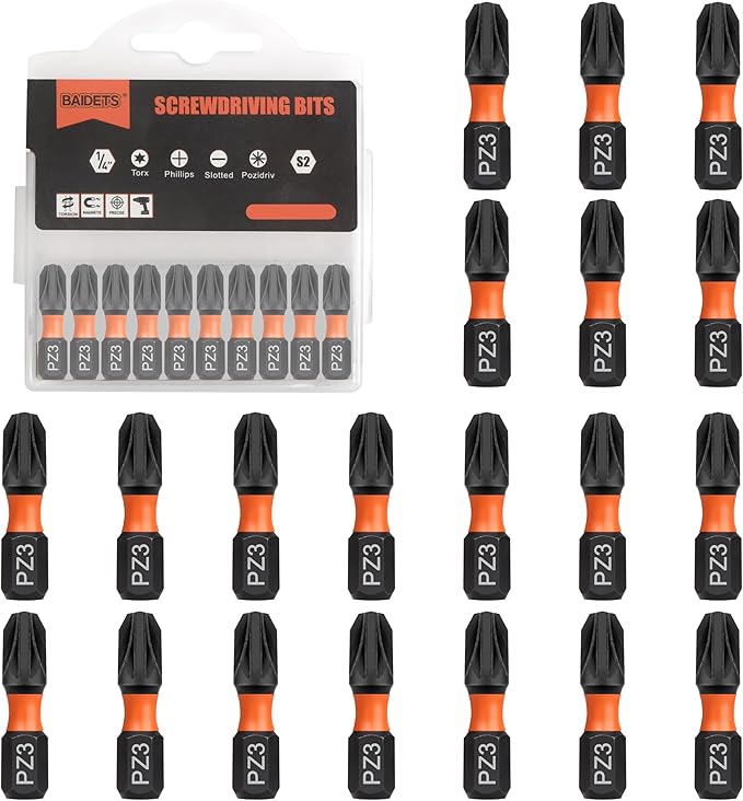 Pro PZ3 Bit Assortment - Screwdriver Bits Set 20Pcs, 25mm Length, Pozi Screwdriver Bit, 1/4 Inch Hex Shank, with Storage Box