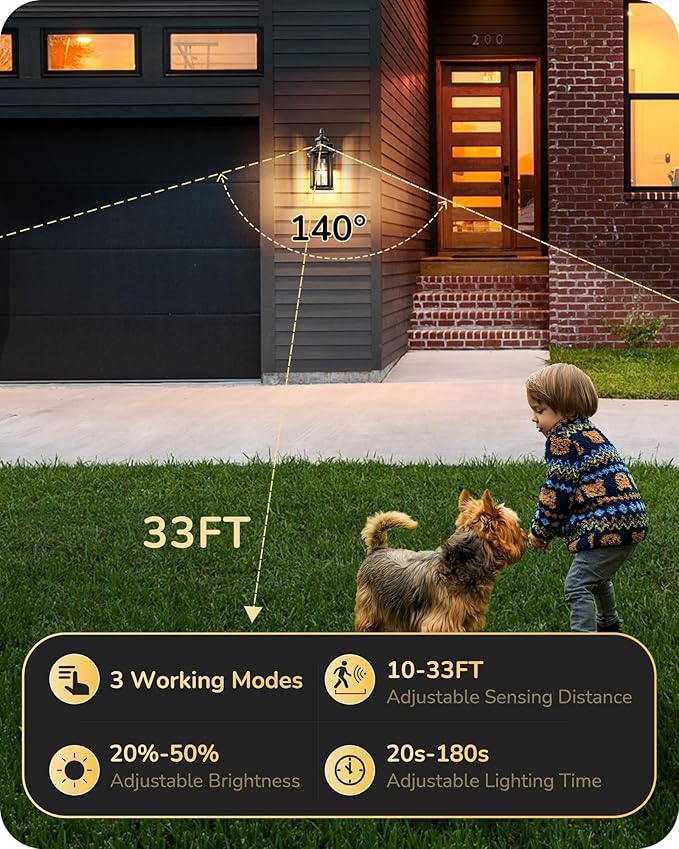 EDISHINE Motion Sensor Outdoor Wall Light, Dusk to Dawn Front Porch Light Fixture, Outdoor Wall Sconce with Clear Glass, Black Exterior Wall Lantern for Door, Garage, Patio, House