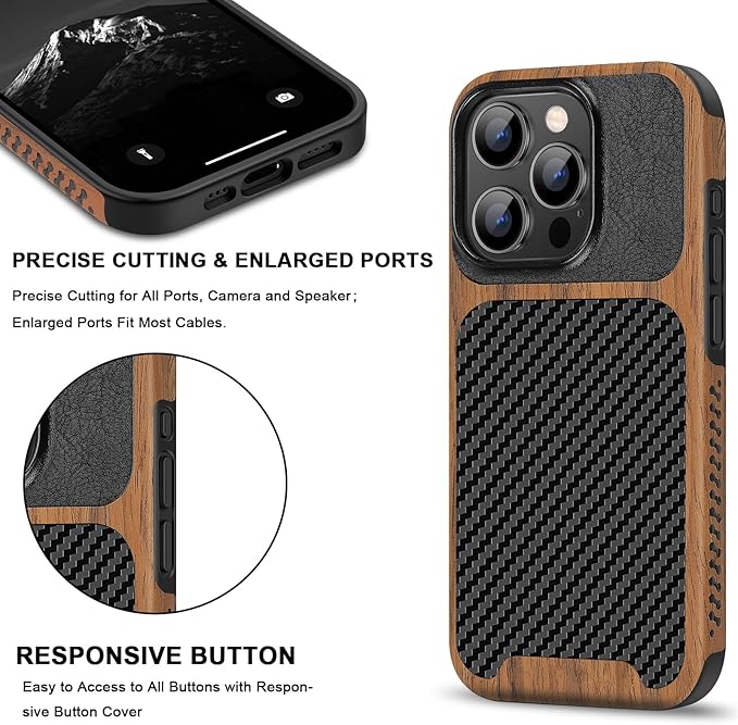 TENDLIN Magnetic Case Compatible with iPhone 15 Pro Case Wood Grain with Carbon Fiber Texture Design Leather Hybrid Slim Case (Compatible with MagSafe) Black