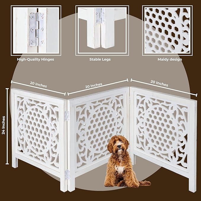 Bedding Craft Wooden Dog Gate 20" Wide x3 Panels,Color White, Total 60 inch Wide, Foldable Free Standing Dog Gate Indoor,Dcorative Gates Doorways, 3 Panels Pet Gate Extra 24" Height