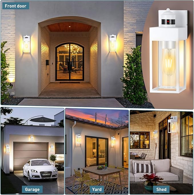 Motion Sensor Outdoor Wall Lanterns 2 Packs, Dusk to Dawn Exterior Light Fixture, 3 Lighting Modes, Waterproof Front Porch Lights for Garage Patio Garden House Entryway, White.