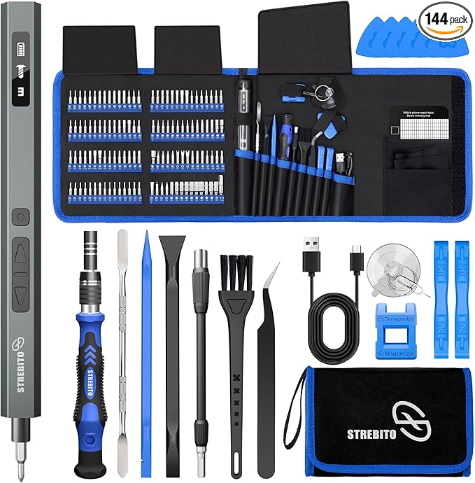 STREBITO 144-Piece Upgraded Electric Screwdriver, Max 0.7 N.m, 120 Magnetic Bits, 5-gear Torque Adjustment, Precision Screwdriver Set, Repair Tool Kit for Tech, Electronics and PC, Gifts for Men