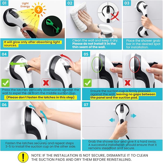 TAILI Shower Grab Bar Glow in The Dark, 2 Pack 12.2 in Grab Bars for Bathtubs and Showers, Shower Handle Shower Rail for Seniors and Elderly,Bathroom Safety Grip Removable No Drilling Waterproof Black