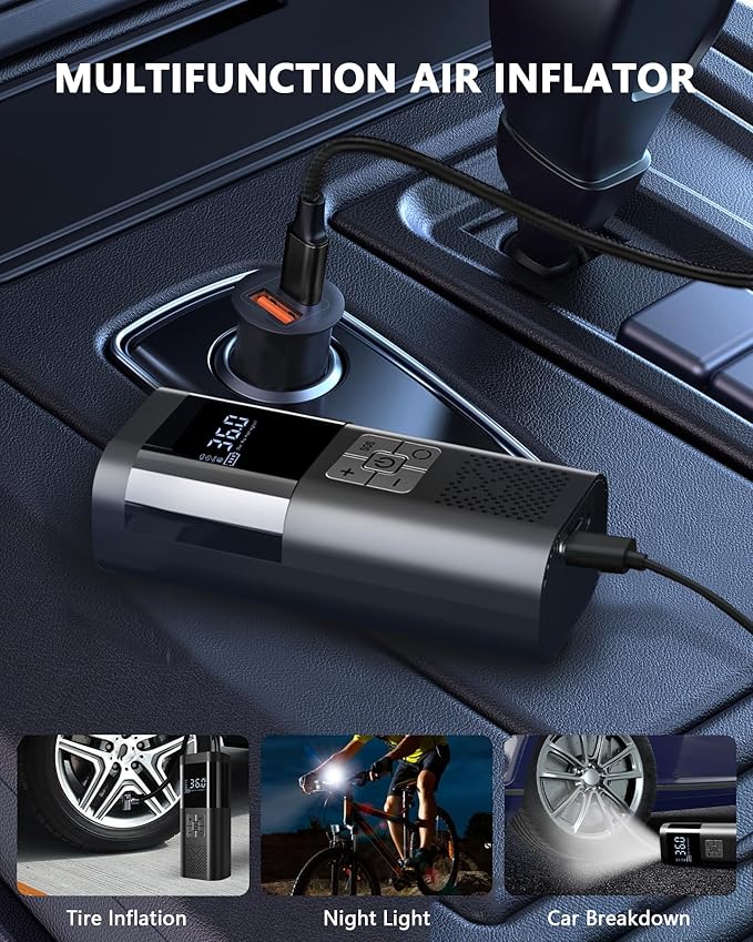 Tire Inflator Portable Tire Compressor, Cordless Tire Inflator with LED Light for Car Motorcycle Bicycle Ball, Car Accessories Essential for Men, 150PSI 12V DC Air Tire Pump with Gauge
