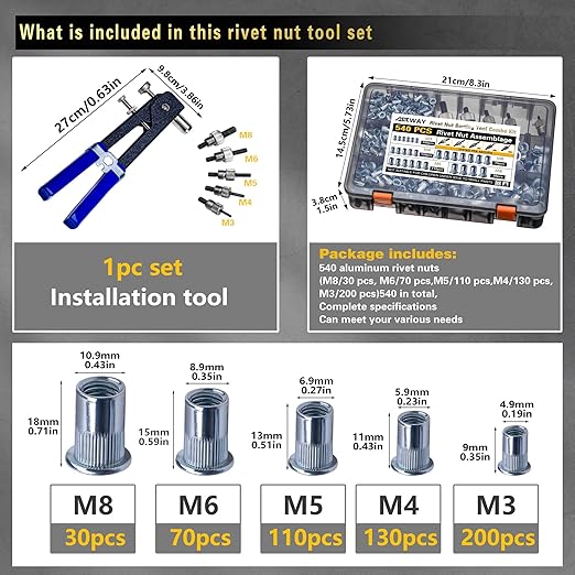 Rivet Nut Tool Kit 540Pcs Nut Riveter Tool Kit (M8/M6/M5/M4/M3), Suitable for Furniture, Decoration, Automobile, Shipbuilding and Industrial Applications