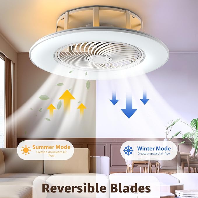 Ceiling Fans with Lights and Remote Control 22 inch with Ambient Light Bladeless Low Profile Ceiling Fan Flush Mount Enclosed Smart Ceiling Fan Light LED Dimmable Lighting (Moonlight Model)