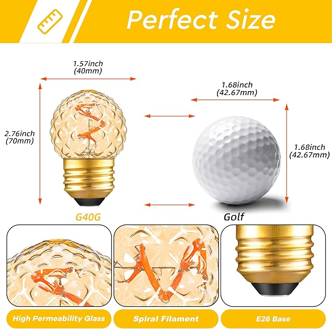 G40 Replacement Bulbs Night Light Bulbs Small Edison Light Bulb Base Sizes Chart Mini Globe Low Watt Light Bulbs 1W(10W Equivalent),AC120V Warm White 2200K 80LM,Outdoor Holiday Decorative Bulb,15 Pack
