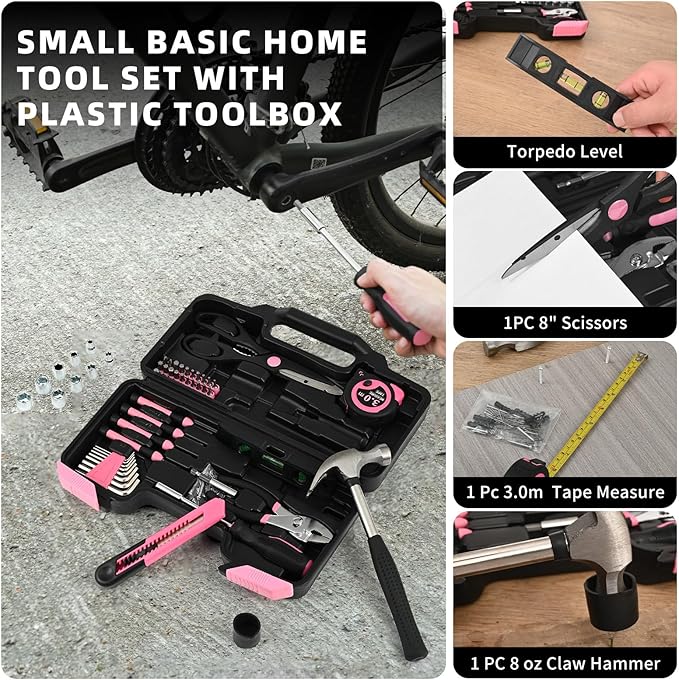 144-Piece Pink Tool Kit Basic Home Repair Tool Set General Household Hand Tool Kit Small Tool Kit with Plastic Toolbox Mini Tool kit for Women, Office & College Repairs