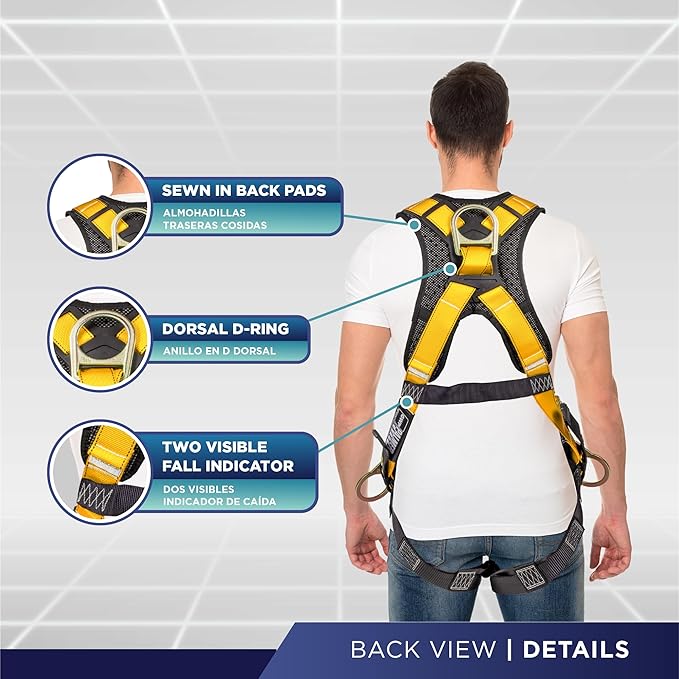 Palmer Safety Full Body Harness with 5 Point Adjustment, Dorsal D-ring, Grommet Legs, Two Side D Rings, and Fall Indicators