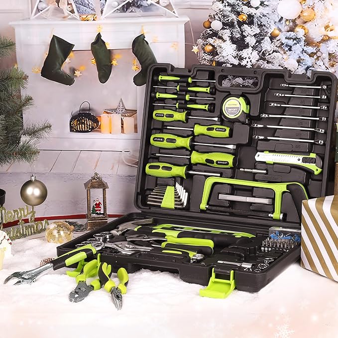 FASTPRO 198-Piece Household Tool Set, Home Repairing Tool Set with Toolbox, SAE Mechanics Hand Tool Kit for DIY, Home Maintenance, Green
