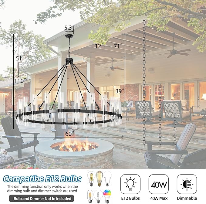 60 Inch Black Wagon Wheel Chandelier, 24 Lights with Glass Shades Light Fixtures, Large Modern Farmhouse Pendant Light for Dining Room, Living Room, Kitchen, Foyer, High Ceilings