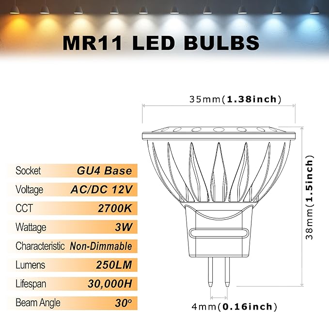 ALIDE 3W MR11 LED Light Bulbs, 12v 20w 35w Replacement, Low Voltage Fiber Optics Christmas Tree Outdoor Landscape Bulb, G4/GU4/GZ4 Bi-Pin Base, Soft Warm White 2700K, Non-Dimmable, 6Pack