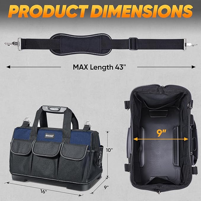 TICONN Heavy Duty Tool Bag with Multi-Pockets, Portable Tool Box Organizer Storage Bag, with Adjustable Shoulder Strap and Ergonomic Handle (Blue, 16" Molded Base)